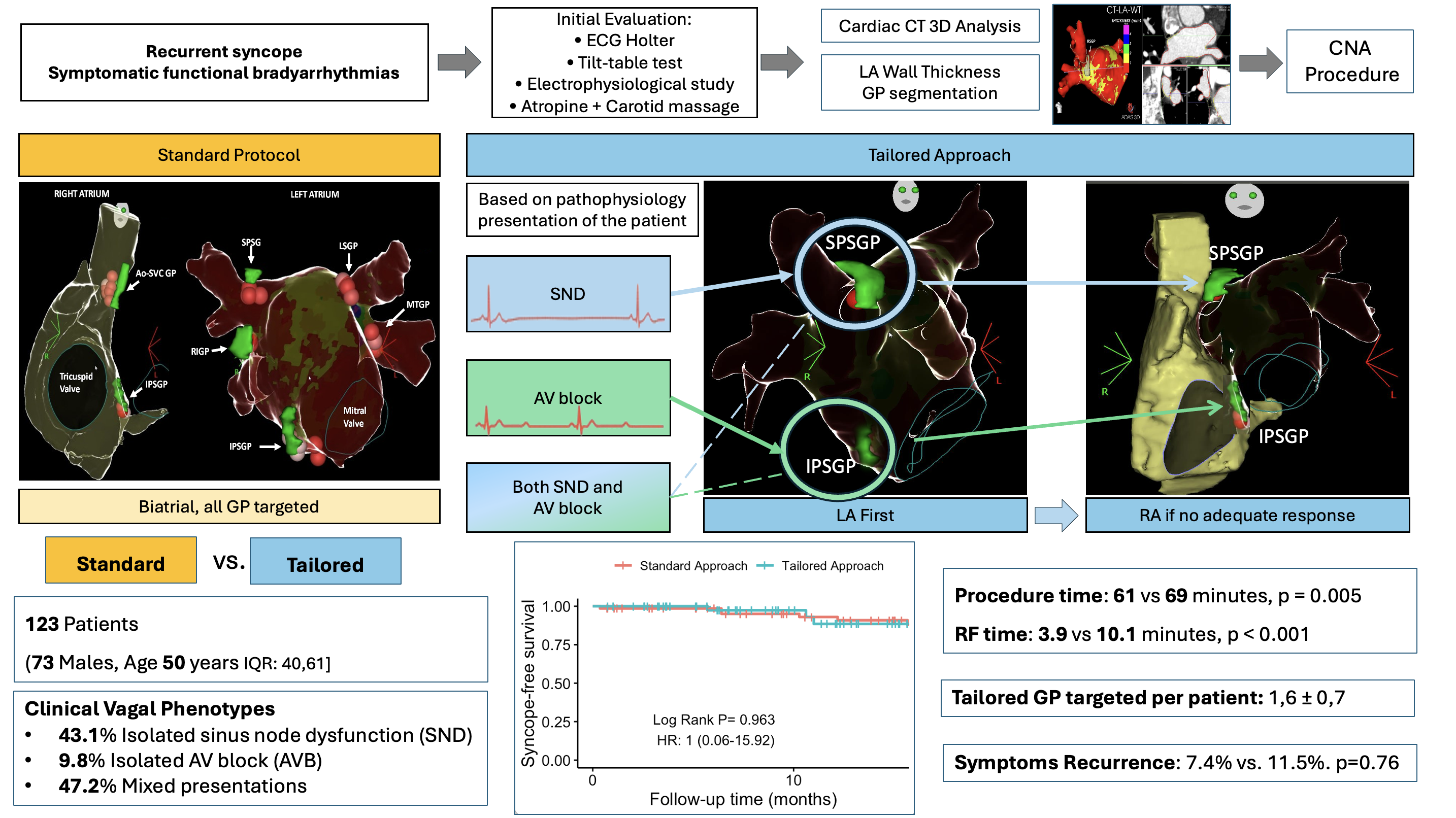Diagramma del percorso clinico per la cardioneuroablazione: dalla sincope ricorrente alla valutazione iniziale (ECG Holter, Tilt test, studio elettrofisiologico), analisi CT 3D con segmentazione dei ganglionated plexi, approccio standard vs approccio tailored basato sul fenotipo vagale clinico
